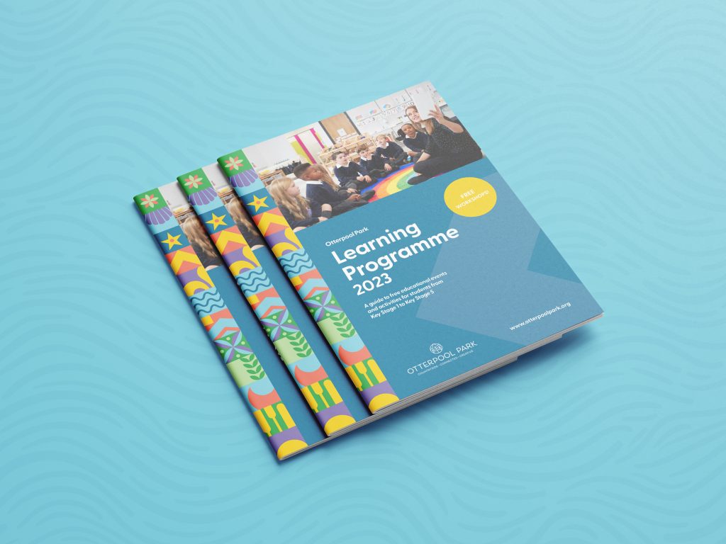 Colourful mockup of an A4 booklet: the Otterpool Park Learning Programme 2023. 