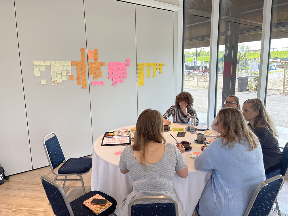 A team of professionals sat round a table having a workshop session to discuss their website requirements. Behind them on the wall are coloured post-it notes.